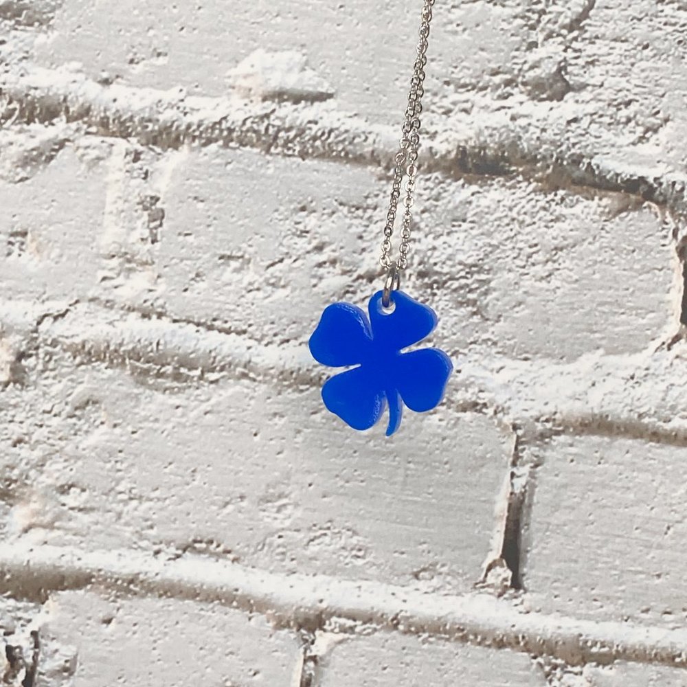 #3 Shiny Blue Clover Necklace  on Silver Chain